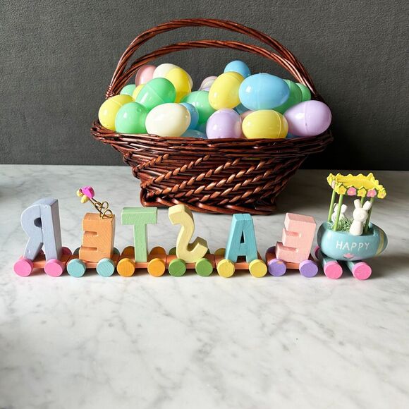 Easter Table Decor Wicker Basket - Plastic Eggs - Bunny Dishes - Wooden Letters - Picture 11 of 15